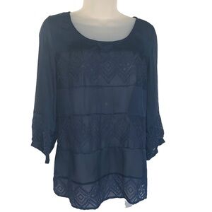 LUCKY BRAND Live in Love Navy Blue Rayon Peasant Blouse Cotton Embroidery Detail